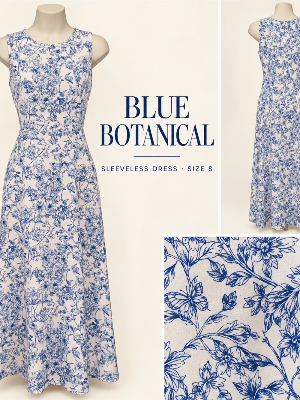 Sleeveless Blue Botanical Print Dress